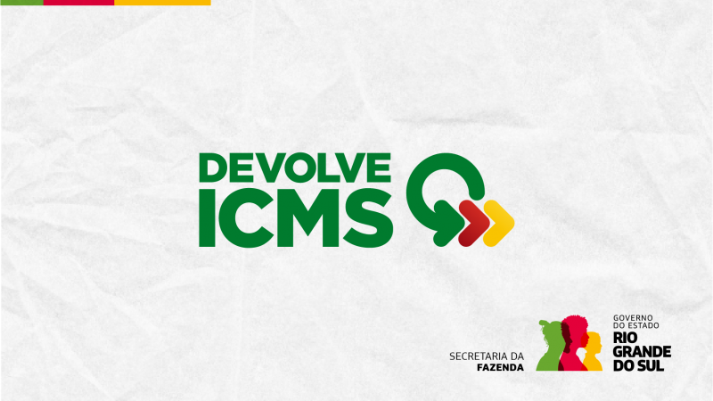 Arte gráfica contendo o logotipo do programa Devolve ICMS e o logotipo de governo da gestão Eduardo Leite (2023-2026)